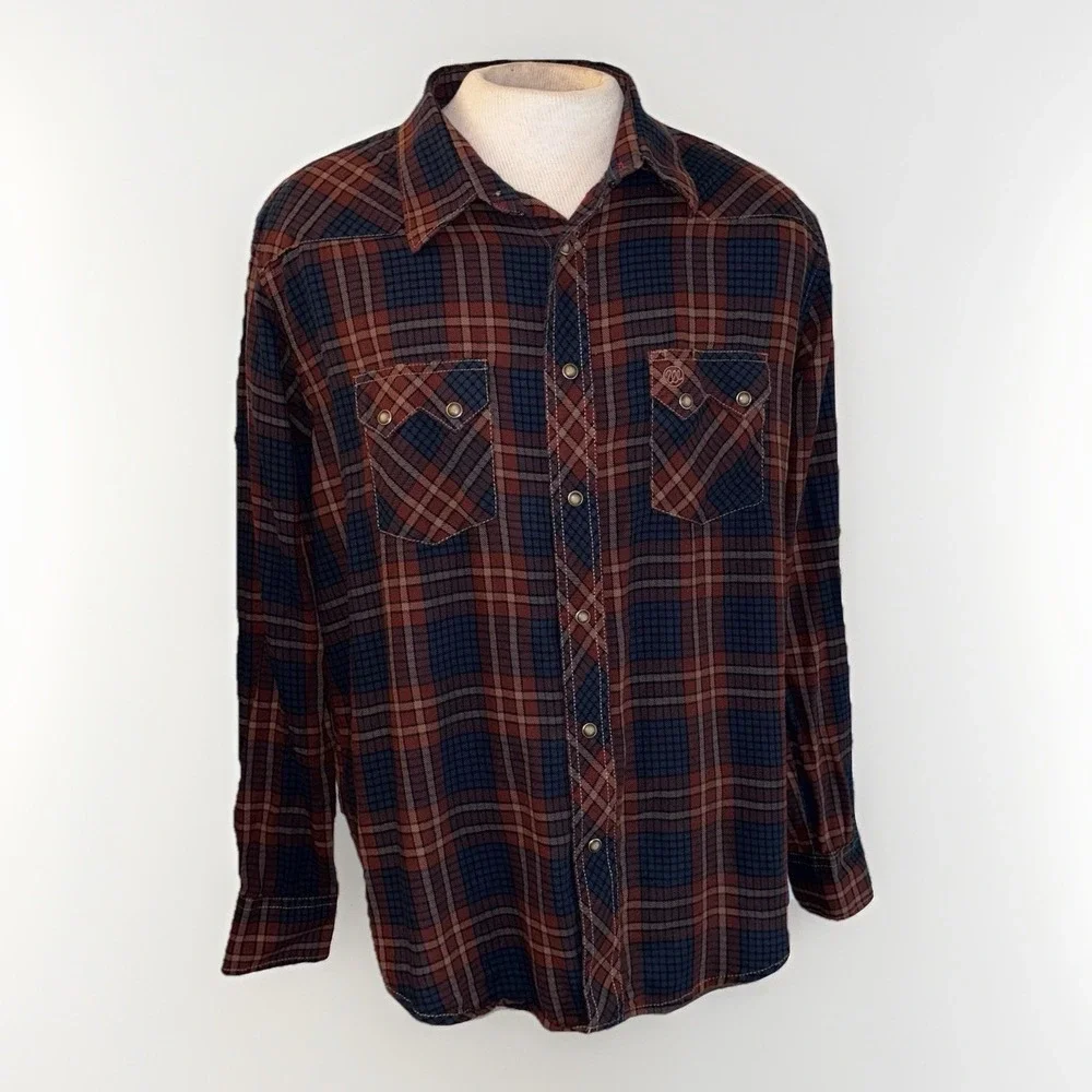 Wrangler Long Sleeve Plaid Flannel Men's XL Navy Rust Pearl Snap American Cowboy